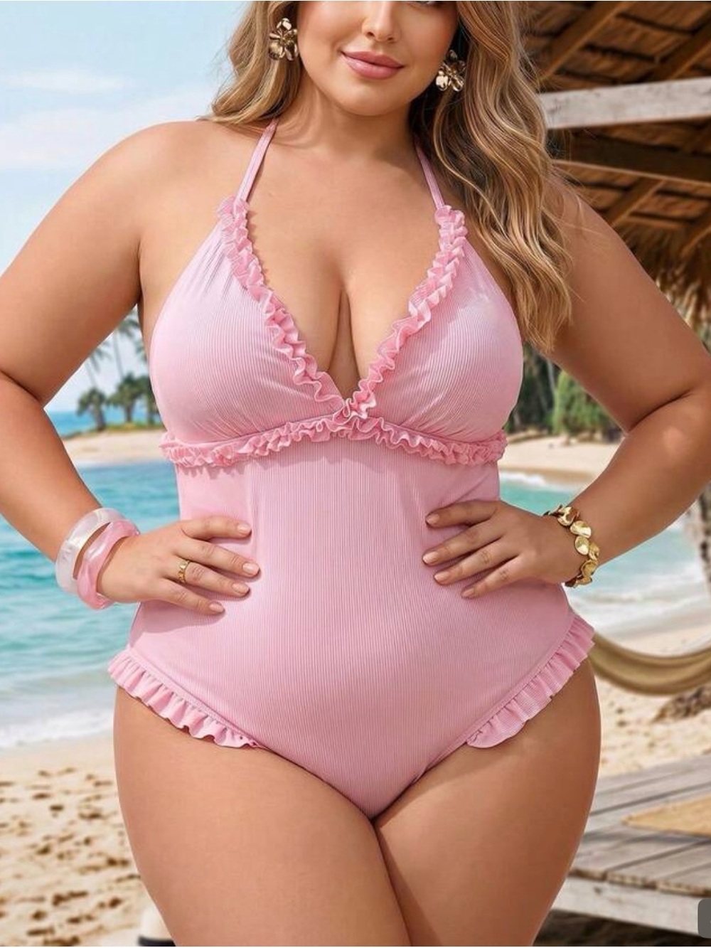 SHEIN Light Pink Ruffle-Trim One-Piece Swimsuit